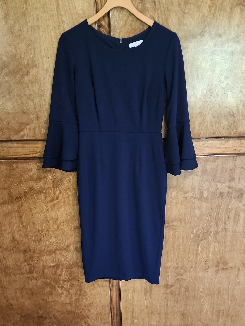 New York & Company Navy Midi Sheath Dress with Tiered Bell Sleeves